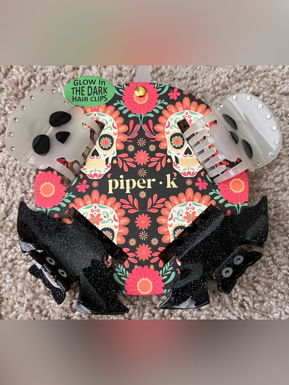 Piper K Halloween Glow in the Dark Bat Skull Hair Clips - (4) Piece Set